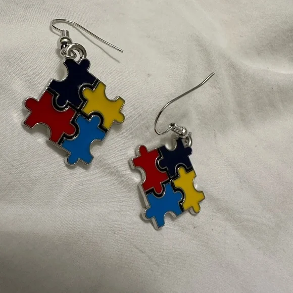 Colorful Puzzle Piece Earrings - Autism Awareness Puzzle Piece - Picture 2 of 3